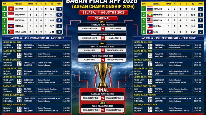 BAGAN PIALA AFF 2026 -- Bagan Piala AFF 2026 Terbaru, Hasil 16 Laga dan Jadwal Sisa, Indonesia Wajib Menang Geser Singapura.
