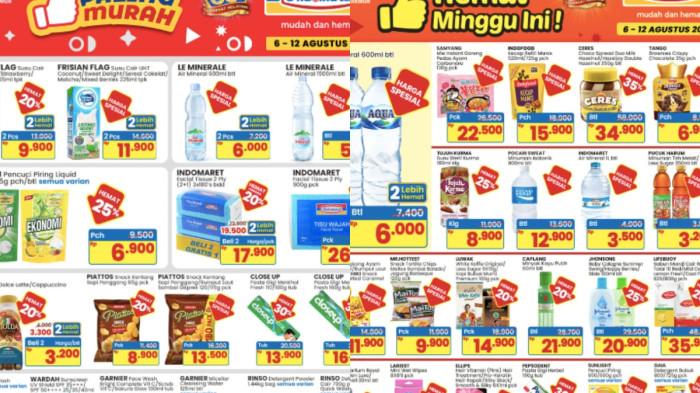 PROMO INDOMARET - Katalog promo Indomaret periode 6-12 Agustus 2026 menawarkan potongan harga untuk berbagai kebutuhan harian, mulai dari air mineral, susu, minyak goreng, deterjen hingga produk perawatan tubuh.