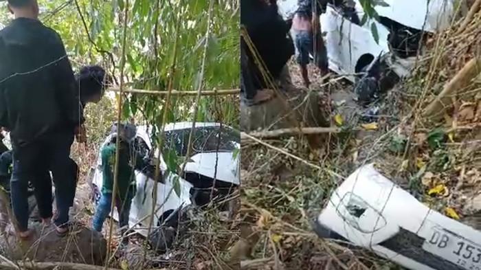 KECELAKAAN - Satu unit mobil Brio berwarna putih ditemukan dalam jurang di wilayah Kecamatan Bolaang, Kabupaten Bolaang Mongondow (Bolmong), Sulawesi Utara (Sulut), Jumat (07/08/2026) siang. Dilaporkan, satu korban masih berada di mobil dalam keadaan meninggal dunia dan membusuk. Dok. Chindy M Larumunde