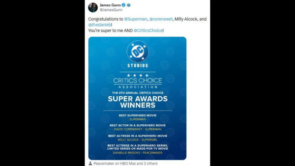 DC Studios co-chief James Gunn celebrated Superman stars David Corenswet and Milly Alcock after they emerged among the big winners at the 2026 Critics Choice Super Awards