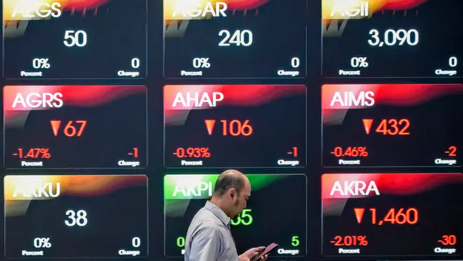 Seorang pria melihat ponselnya di depan layar yang menampilkan Indeks Harga Saham Gabungan (IHSG). (BAY ISMOYO/AFP)