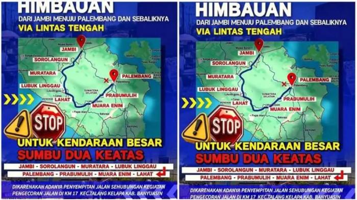 JALAN ALTERNATIF - Satlantas Polres Muba mengeluarkan imbauan kendaraan besar dengan sumbu dua ke atas dari arah Jambi menuju Palembang maupun sebaliknya menggunakan jalur lintas tengah selama pekerjaan pengecoran jalan di KM 17 Kecamatan Talang Kelapa, Kabupaten Banyuasin, guna menghindari kemacetan.