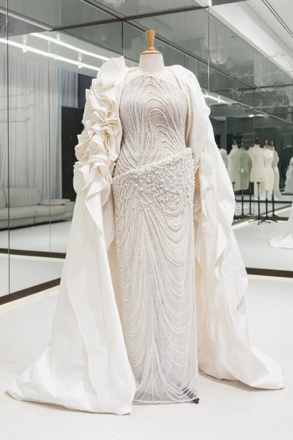 Custom Tony Ward Couture gown displayed on a mannequin following its post-Cannes reveal.