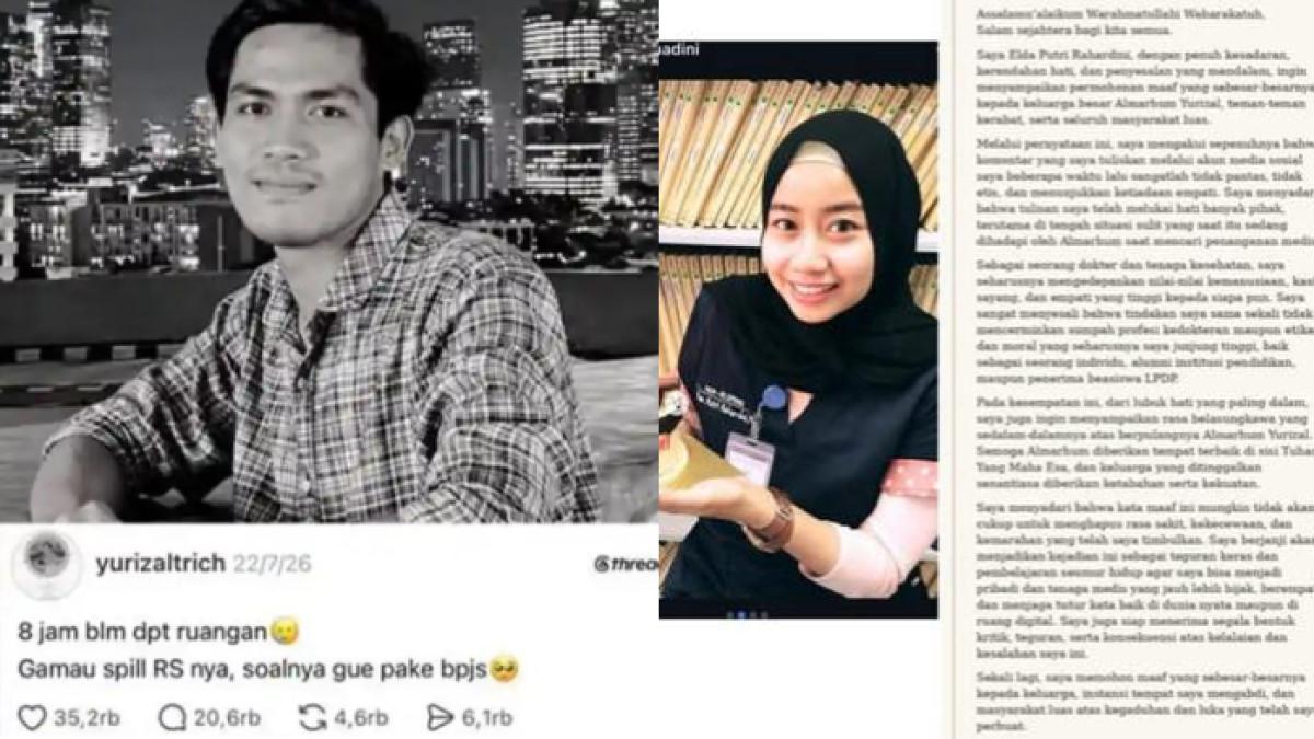 PASIEN BPJS MENINGGAL - (kiri) Yurizal Tri Chaerawan meninggal karena telat ditangani gegara jadi pasien BPJS, kondisi makin drop setelah dinyinyiri nakes. (kanan) Elda Putri, dokter ikut nyinyiri utas Yurizal, minta maaf.