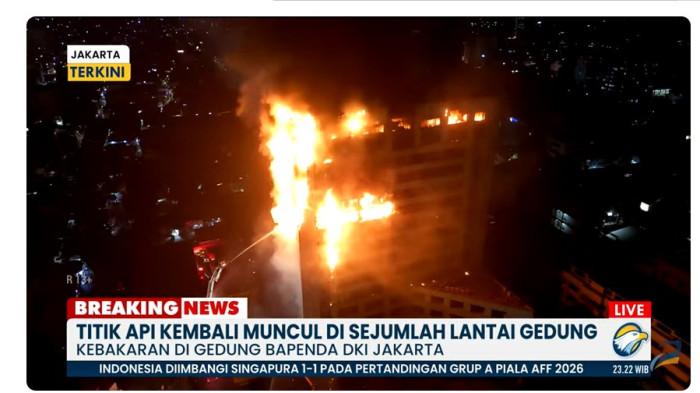 KEBAKARAN GEDUNG BAPENDA - Kebakaran di Gedung Badan Pendapatan Daerah (Bapenda) Jakarta di Jalan Abdul Muis, Petojo Selatan, Gambir, Jakarta Pusat, pada Jumat (7/8/2026) pukul 23.00 WIB semakin membesar.