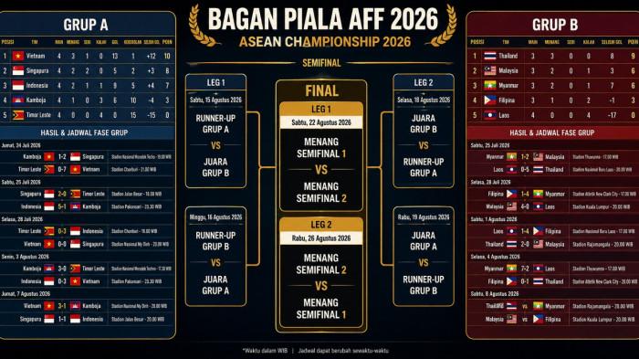 BAGAN PIALA AFF 2026 -- Bagan Piala AFF 2026 Terbaru, Hasil Klasemen 18 Laga dan Jadwal Sisa, Indonesia Gagal ke Semifinal.
