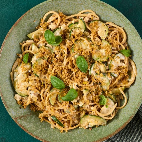Recipe image of Creamy Zucchini Spaghetti Credit: Photographer: Jen Causey, Food Stylist: Emily Nabors Hall, Prop Stylist: Julia Bayless.