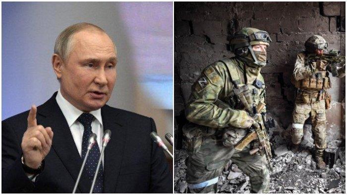 Presiden Rusia Vladimir Putin dan tentara Rusia di Mariupol, Ukraina.