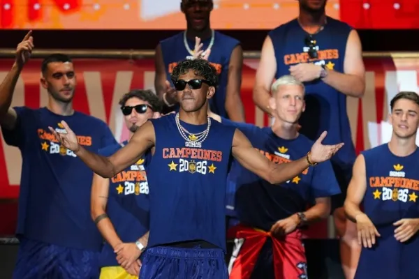 Lamine Yamal and his teammates during the parade celebrating Spains World Cup title at Cibeles Square, Madrid, on July 20, 2026. Photo by AP