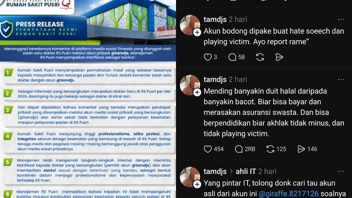 SANKSI RS PUSRI - (KIRI) Manajemen RS Pusri Palembang menegaskan telah memanggil dr. Tamara Dewi Jasmine untuk dimintai klarifikasi langsung terkait komentari pasien BPJS (KANAN)