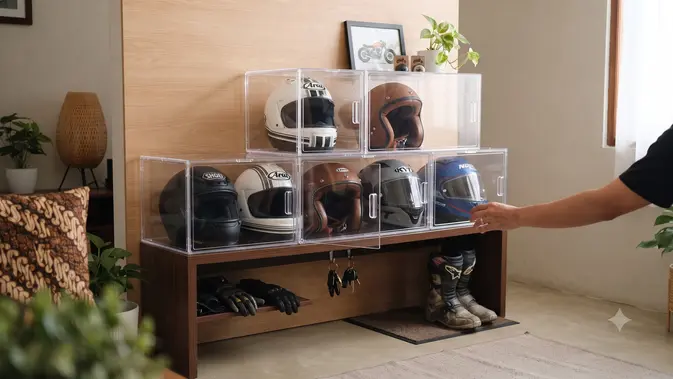 Ide Tempat Menyimpan Helm di Rumah Agar Tidak Berantakan (AI Generated)