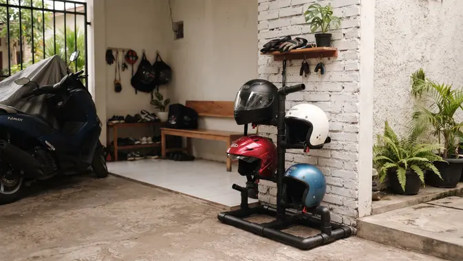Ide Tempat Menyimpan Helm di Rumah Agar Tidak Berantakan (AI Generated)