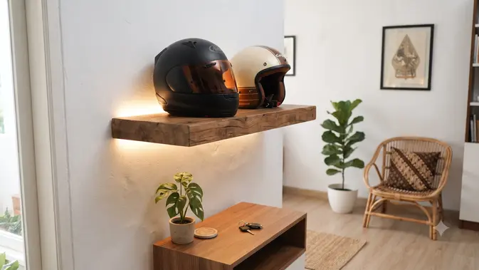 Ide Tempat Menyimpan Helm di Rumah Agar Tidak Berantakan (AI Generated)