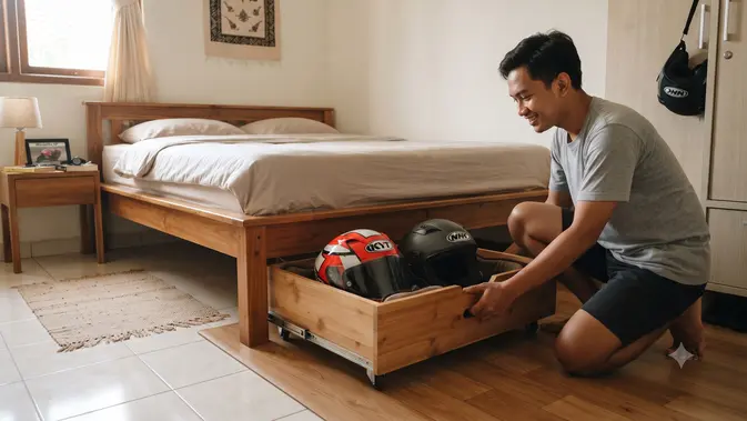 Ide Tempat Menyimpan Helm di Rumah Agar Tidak Berantakan (AI Generated)