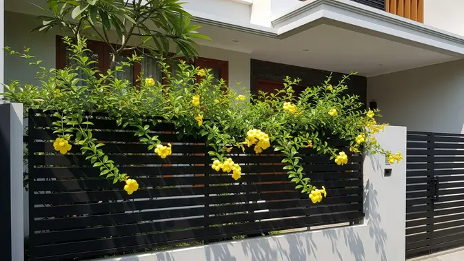Pagar Besi Horizontal dengan Tanaman Merambat Alamanda/Ide Pagar Minimalis Tanaman Tahan Panas (AI generated)