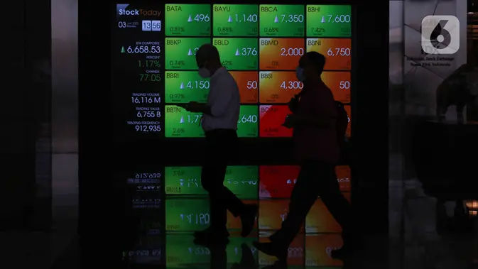 Pekerja melintas di depan layar Indeks Harga Saham Gabungan (IHSG) di BEI, Jakarta. (Liputan6.com/Angga Yuniar)
