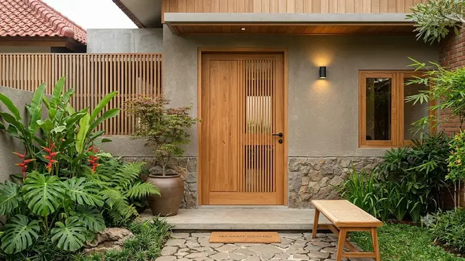 Pintu Meranti dengan Aksen Bilah Kayu. [AI Generated]