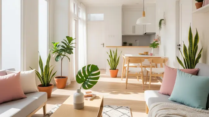 Gunakan Warna Terang dan Netral/Ide Tata Ruang Rumah Kecil Tanpa Sekat dengan Pencahayaan Alam. AI Generated