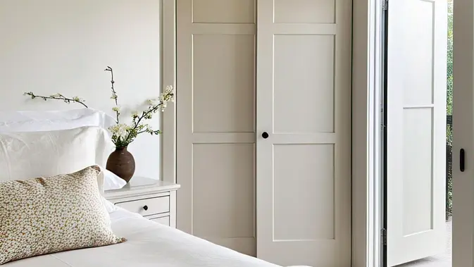 Kamar tidur putih simpel dengan lemari built-in tersembunyi, bedding tone ivory, dan dekorasi bunga segar. AI Generated