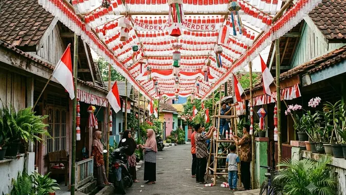 Lampion Gantung Merah Putih dari Botol Plastik/ dekorasi jalan kampung dari botol bekas bertema kemerdekaan (AI generated)
