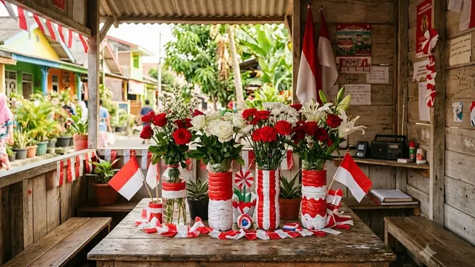 Vas Bunga Merah Putih untuk Pos Kamling/ dekorasi jalan kampung dari botol bekas bertema kemerdekaan (AI generated)