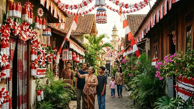 Jadikan Barang Bekas sebagai Bagian dari Semangat Kemerdekaan/ dekorasi jalan kampung dari botol bekas bertema kemerdekaan (AI generated)