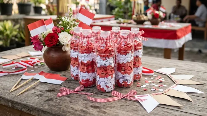 Hiasan Botol Berisi Konfeti Merah Putih/ dekorasi jalan kampung dari botol bekas bertema kemerdekaan (AI generated)