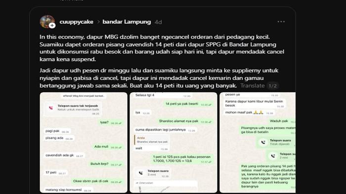 PEDAGANG LAMPUNG CURHAT - Curhat istri Pedagang buah asal Metro Lampung, Imam Mustofa, terancam rugi Rp 2,1 juta setelah pesanan 14 peti pisang cavendish untuk dapur Program Makan Bergizi Gratis (MBG) dibatalkan sepihak karena dapur terkena suspend.