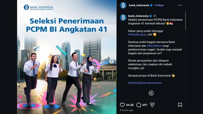 Bank Indonesia membuka penerimaan PCPM BI Angkatan 41.