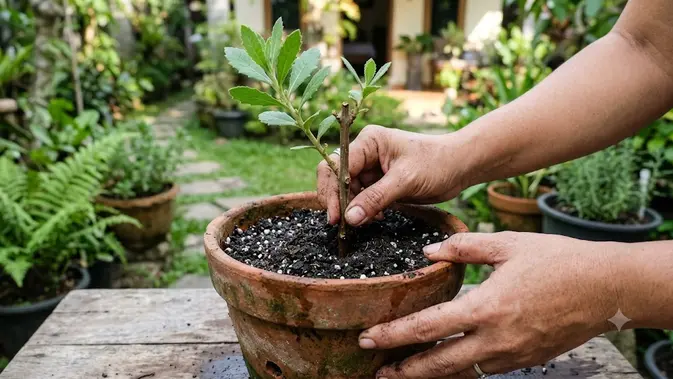 Tanam Stek Batang ke Dalam Pot. (Gambar: AI Generated)