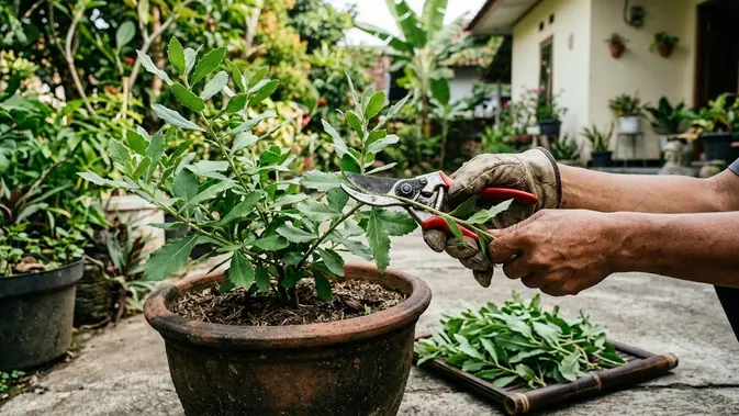 Pangkas Cabang dan Panen Daun. (Gambar: AI Generated)