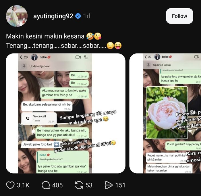PACAR AYU TING TING - Pedangdut Ayu Ting Ting memamerkan isi chatnya dengan sang kekasih, Kevin Gusnadi. Hal itu membuat sahabat Ayu ikutan gemas.