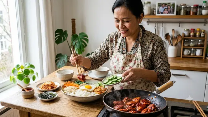 Membuat nasi gochujang rice bowl ala Korea. [AI Generated]