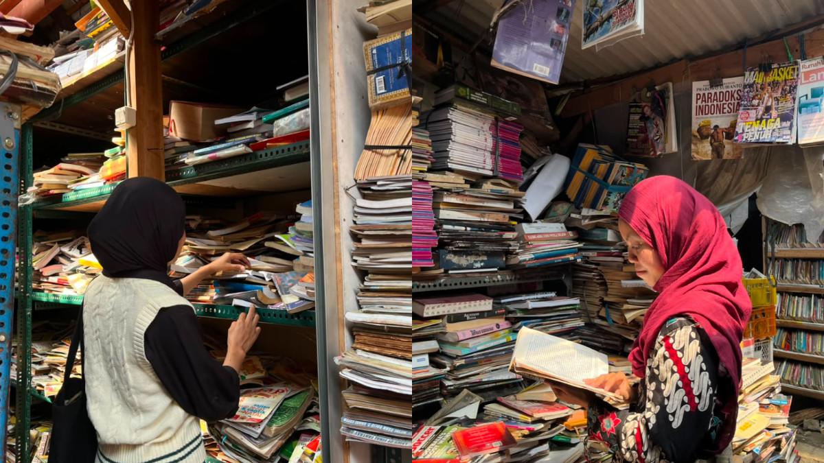 PASAR BUKU BEKAS SURAKARTA - Seorang pengunjung memilih buku di antara tumpukan koleksi yang tersedia di Pasar Buku Bekas kawasan Alun-Alun Surakarta, Sabtu (8/8/2026). Beragam judul dan jenis buku menjadi pilihan pengunjung yang datang untuk berburu bacaan secara langsung. (TribunWow/Alya Vina Rahmawati)