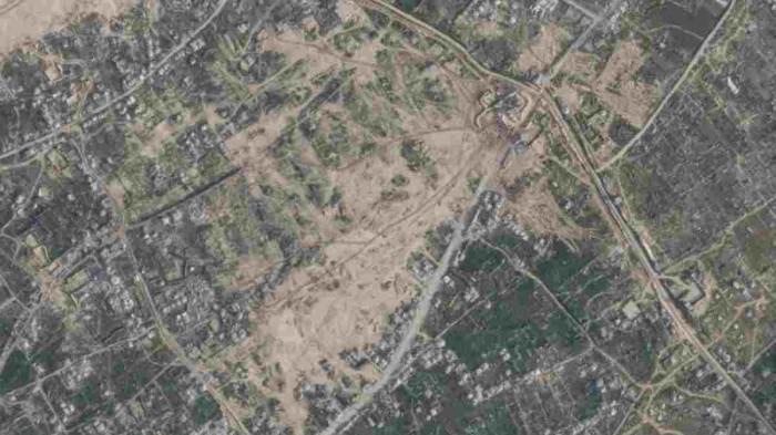 KONDISI GAZA - Citra satelit yang diambil dari tanggal 20 Februari hingga 4 Maret 2026, menunjukkan tidak ada pembangunan baru atau pembersihan puing di lokasi yang diusulkan untuk 'Rafah Baru' yang didukung AS di Gaza selatan. Gambar dari Planet Labs yang diambil dari Al Jazeera, Senin (20/4/2026).