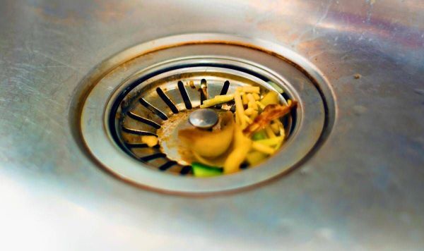 Picture a sink plughole filled with food