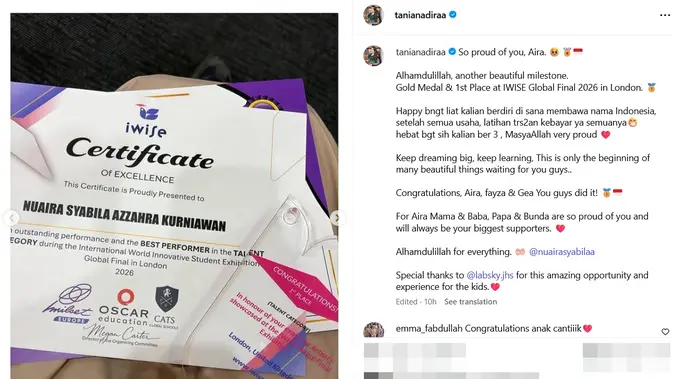 Tania Nadira tunjukkan sertifikat Aira © instagram.com/tanianadiraa