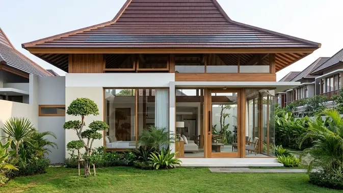 Rumah Limasan Modern dengan Atap Tinggi dan Ruang Plafon Lapang (AI generated)