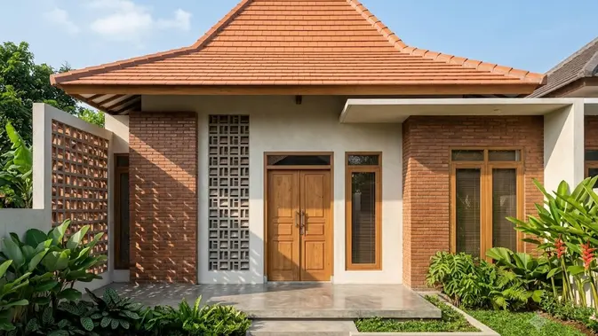 Rumah Limasan Modern dengan Dinding Batu Bata dan Roster (AI generated)