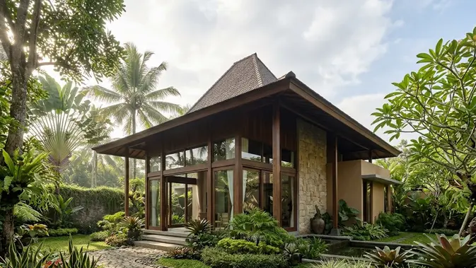Rumah Limasan Tropis dengan Taman di Sekeliling Rumah (AI generated)