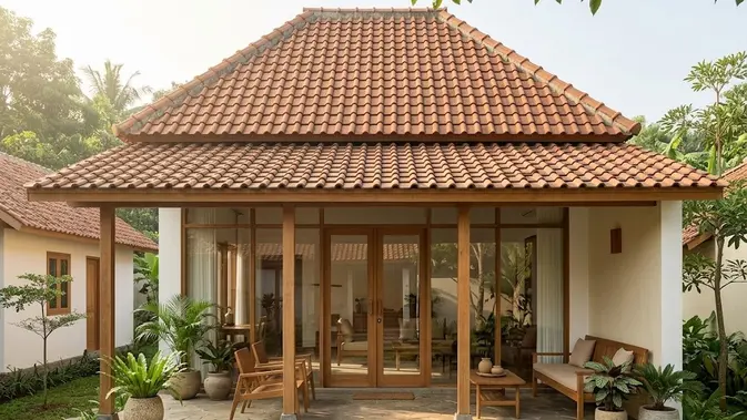 Rumah Limasan dengan Teras Teduh dan Pilar Kayu (AI generated)