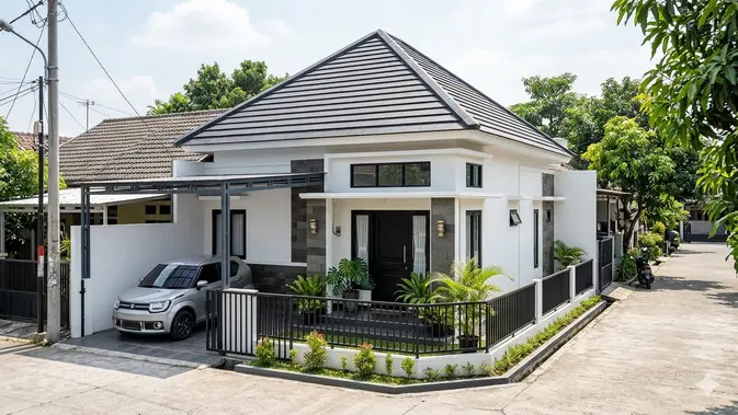 Inspirasi Rumah Minimalis Atap Limasan Modern Tampak Depan (AI generated)