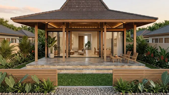 Rumah Limasan Modern Terbuka dengan Sentuhan Kayu dan Batu Alam (AI generated)