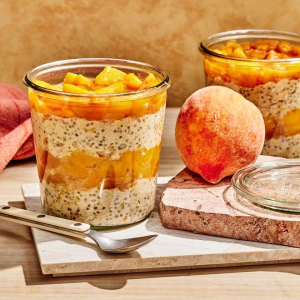 a recipe photo of the Peach Pie Overnight Oats Credit: Photographer: Morgan Hunt Glaze, Prop Stylist: Priscilla Montiel, Food Stylist: Julian Hensarling