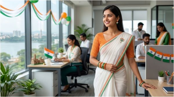 Tri-colour touch with white saree Tri-colour touch with white saree