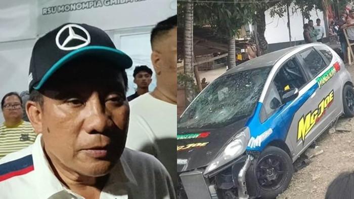 WAWANCARA - Kolase foto Ketua Panitia Lucky Sugeha Tournament Drag Race saat diwawancara dan mobil yang alami kecelakaan di Upai Kotamobagu.