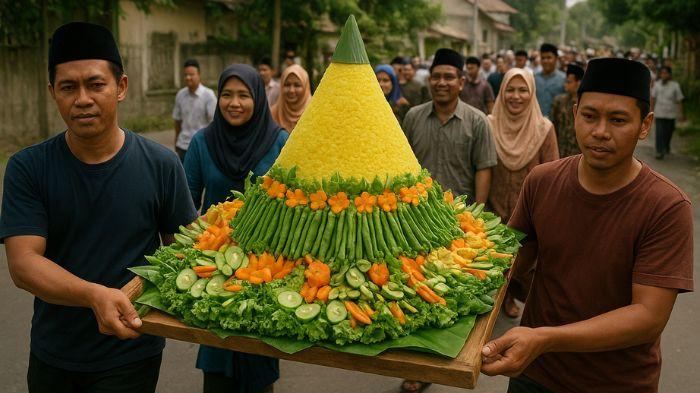 ARAK TUMPENG- Ilustrasi masyarakat mengarak tumpeng dalam kegiatan Rebo Wekasan. Ilustrasi ini dibuat menggunakan aplikasi kecerdasan buatan atau AU, Selasa (19/8/2025).