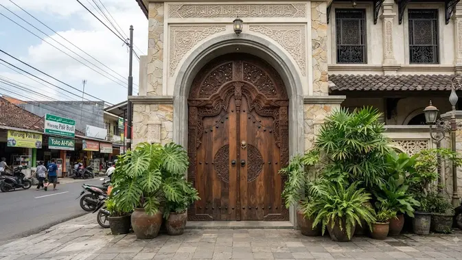 Ide desain rumah bergaya Timur Tengah model penggunaan pintu kayu ukir besar (AI generated)