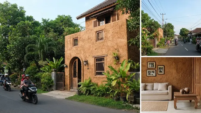 Ide desain rumah bergaya Timur Tengah model pemanfaatan dinding tebal berwarna tanah (AI generated)