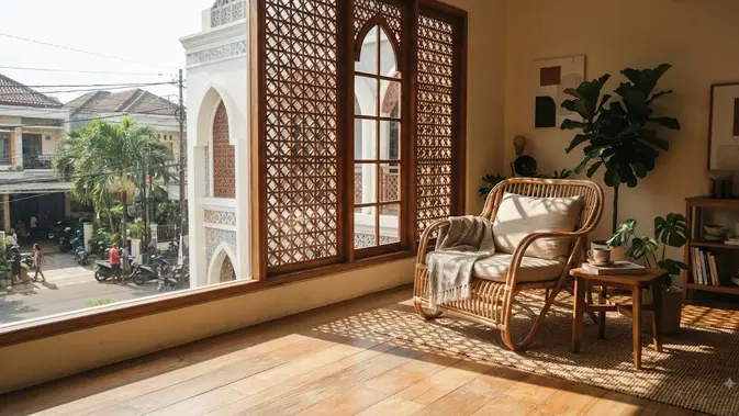 Ide desain rumah bergaya Timur Tengah model penerapan jendela kisi kayu jati (AI generated)